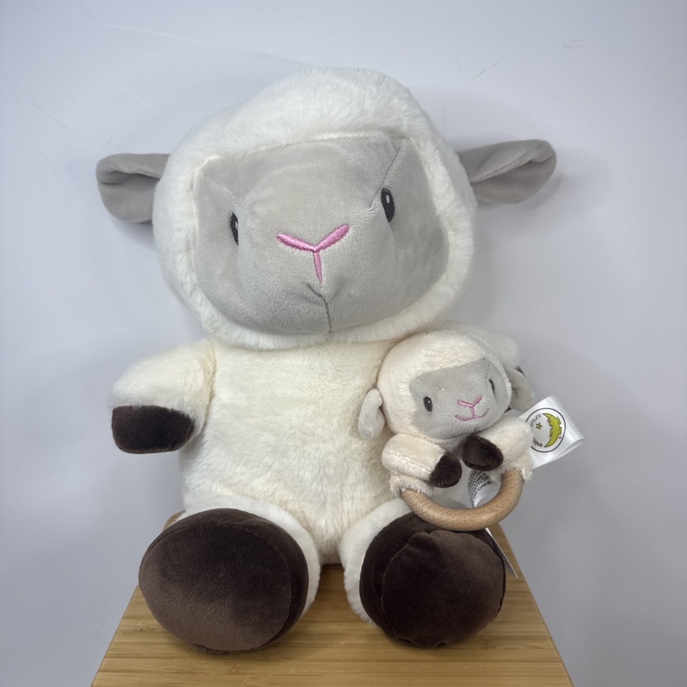Animal Adventure Plush Lamb Set Cream White Brown Feet Wood Ring Rattle